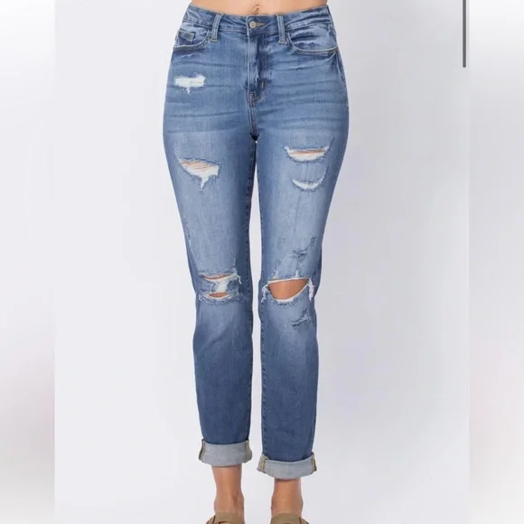 Judy Blue High Waisted Boyfriend Destroy STRETCH Denim 24w Jeans 88404 Plus Size - Picture 3 of 12